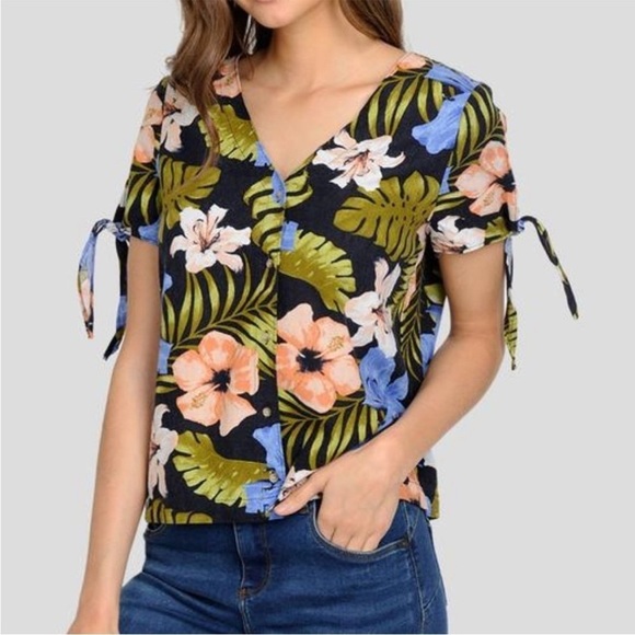 Vero Moda Melfie Milo Tropical Hawaiian Print Shirt Small V-Neck Button Linen - Picture 1 of 8